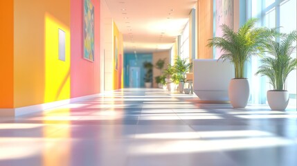 Fototapeta premium Sunny hallway, vibrant walls, plants, reception
