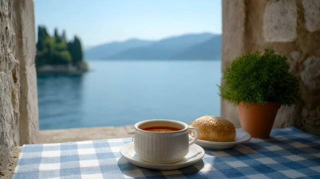 Scenic Coastal Culinary Comfort: A rustic stone window frames a breathtaking view of a serene seascape. On a checkered table, a bowl of warm soup, a bread roll.