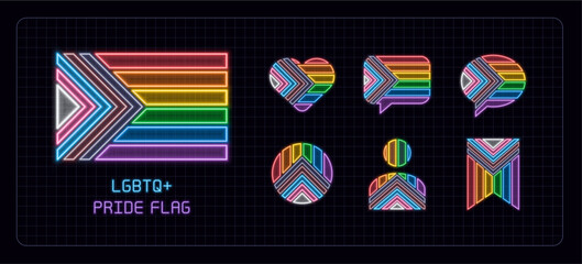 LGBTQ pride flag icon set, neon glow visuals. Pride month, gender and sexual orientation diversity theme.