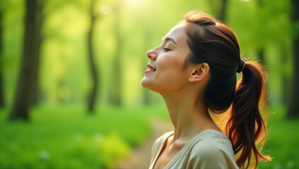 Naklejka premium Tranquil Moment: A Woman's Forest Retreat