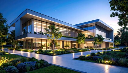 Fototapeta premium Modern Office Gleaming Dusk Light on Corporate Building.