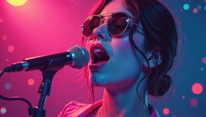 Neon Diva: Karaoke Queen in the Spotlight. Ideal for conveying a sense of energy, fun, and the excitement of karaoke or live music