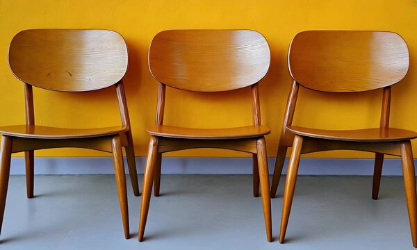 Three Wooden Chairs Aligned Against A Yellow Wall With A Grey Baseboard And Floor