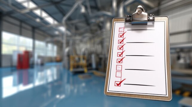 Clipboard checklist in factory setting representing quality control and manufacturing audit