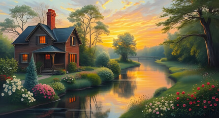House on the lake art, Lake house painting, Cabin on lake, Waterfront home art, House reflection in water, Lakefront house scene, Peaceful lake house, Cottage by the lake, House with lake view, Tranqu