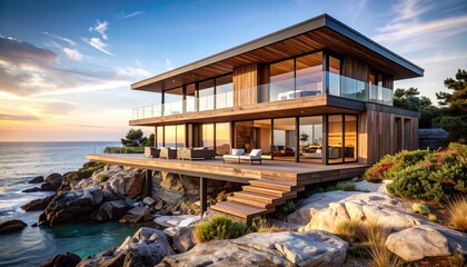 Obraz premium Coastal Dream Modern Home at Ocean Sunset.