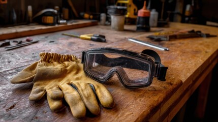 Safety glasses and work gloves on table in workshop for woodworking and construction job