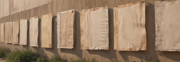 Multiple layered, sun-bleached paper posters on a rough outdoor wall,  background,  peeling