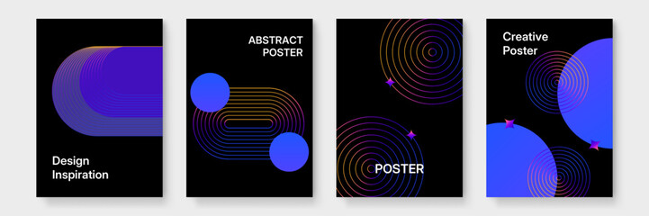 Four abstract posters featuring blue and purple circles and lines suitable for modern wall art or creative digital backgrounds.