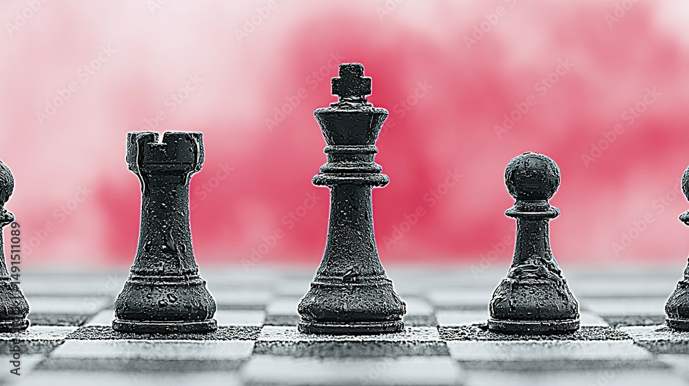 Poster black chess pieces arrayed on a checkered board.