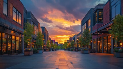 Sunset Streetscape Shops, City, Dusk, Evening, Urban