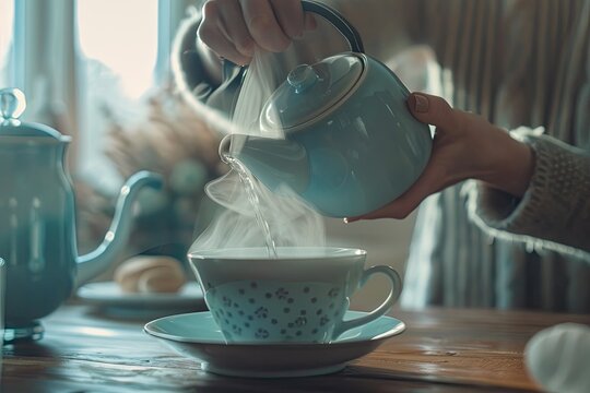 high resolution visual of Woman pouring boiling water from a kettle into a tea cup