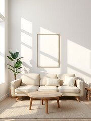 vertical scandinavian living room with empty frame mockup, light sofa, natural textures and monstera plant in warm sunlit tones