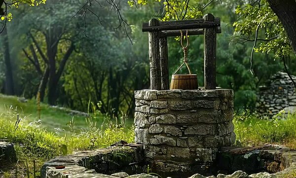 Old Stone Water Well with Wooden Bucket in Tranquil Countryside