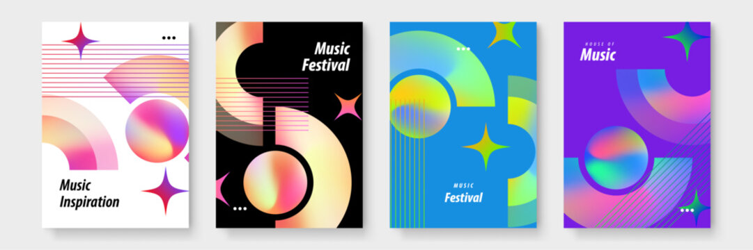 Four vibrant posters showcasing the lineup and details of a music festival. Perfect for promoting events, concerts, and entertainment activities. - Powered by Adobe