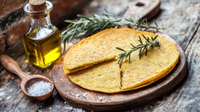 Chickpea pancake socca recipe with olive oil and rosemary on wooden board rustic food photo