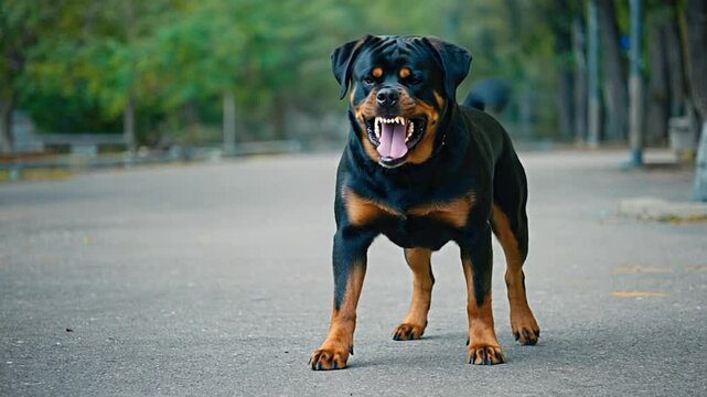 Aggressive rottweiler dog displaying teeth in outdoor portrait