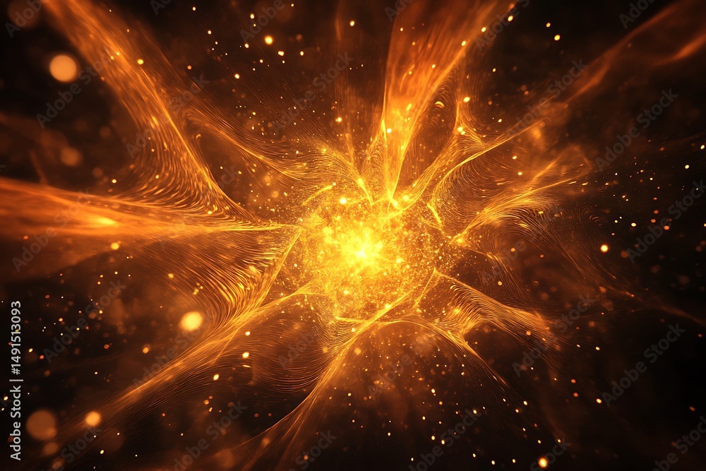 Poster golden light emanates outward through glowing curves and vibrant particles, creating an abstract ene