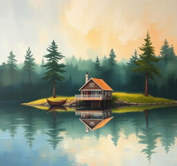 Fototapeta premium Lake house painting, House by the lake, Lakeside cabin, Waterfront house art, Serene lake scene, Cottage by the water, Lake house landscape, Tranquil lake view, Rustic lake home, Lakefront cottage, Pe