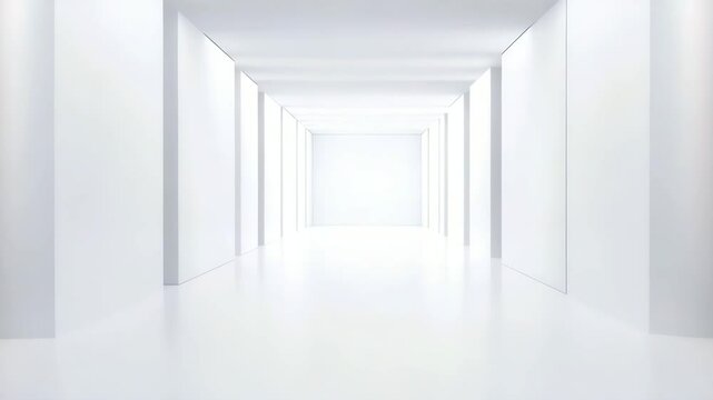 Bright white empty corridor hallway with modern minimalist interior design, clean lines, spacious and bright atmosphere, smooth surfaces, and futuristic lighting creating calm and clear space