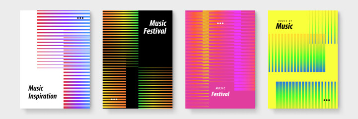 Four vibrant posters featuring the words music festival and house of music. Perfect for promoting music events and concerts. Ideal for marketing.