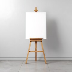 Mockup of an A3-size white poster placed on an easel in a minimalist studio setting, neutral background