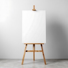 Mockup of an A3-size white poster placed on an easel in a minimalist studio setting, neutral background