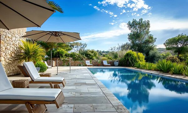 Scenic Outdoor Swimming Pool with White Lounge Chairs Sun Umbrellas and Green Garden Under a Clear Blue Sky On Summer