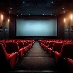 modern cinema auditorium with rows of empty red seats and a blank white movie screen, soft ambient lighting