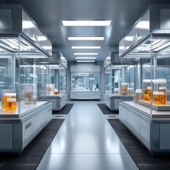 Fototapeta premium Modern laboratory interior featuring multiple glass containers with samples, showcasing a high-tech research environment designed for scientific innovation and exploration