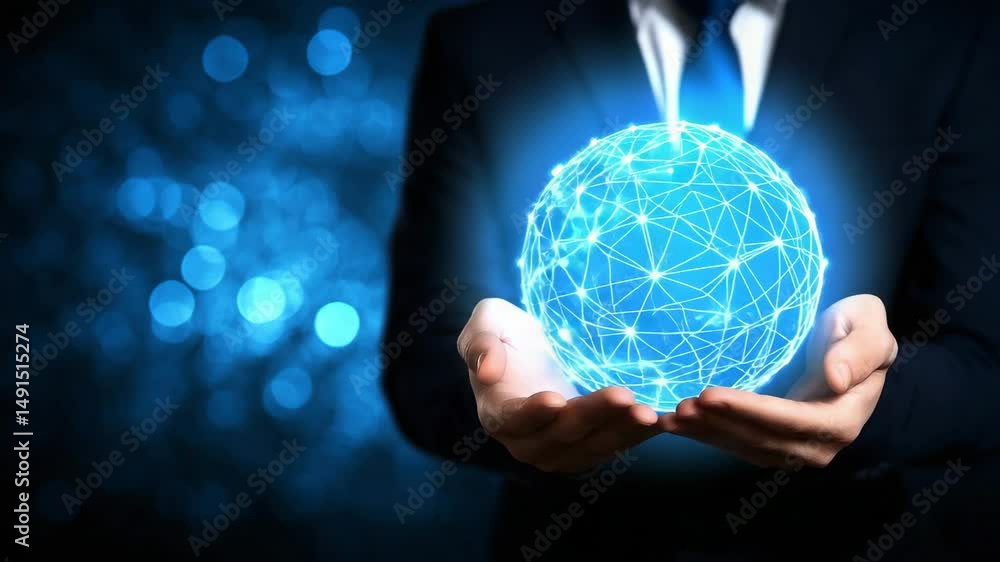 Poster a person in a suit holds a glowing digital globe made of interconnected network nodes, symbolizing t