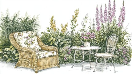 Obraz premium Tranquil garden setting with antique furniture and flowers.