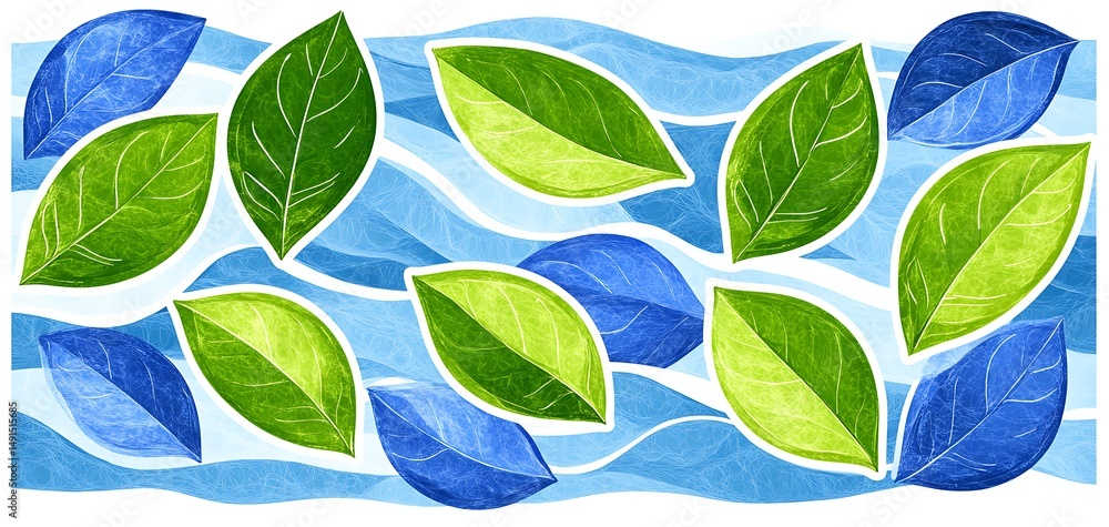 Poster leaf pattern with watercolor style waves for textile or background print