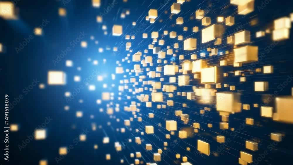 Poster golden cubes floating in a dynamic, digital matrix formation on a glowing blue background.