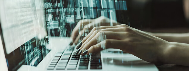 Hands typing on laptop keyboard overlayed with digital code representing data processing and technology