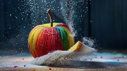 Textile Art Meets Whimsy: The Intriguing Visual of a Yarn-Made Apple Sliced in Half. Witness the marriage of craftsmanship and imagination with a unique textile creation: an apple meticulously crafted