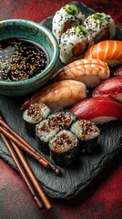 Japanese soy sauce bowl and sushi on slate plates, red and black backdrop - minimalist elegance of traditional cuisine