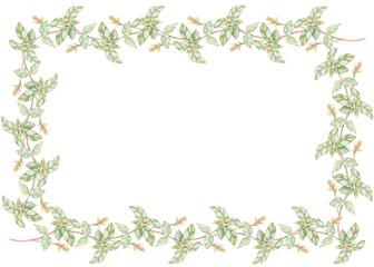 Rectangular frame with honeysuckle leaves. Hand-drawn watercolor natural frame of lush plants. Perfect for wedding invitations, botanical prints, minimalist home decor, romantic greeting cards.