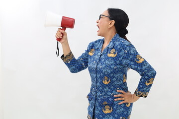 Serious woman of Asian civil servant hold scream shout in megaphone announces something isolated on...