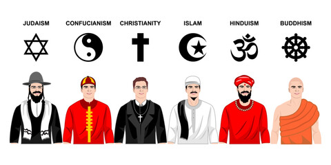 vector illustration of six types of religions in the world complete with religious symbols and clothing of religious leaders.  Islam, Christianity, Hinduism, Buddhism, Judaism, Confucianism