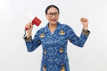 Announcement. Happy asian civil servant woman shouting loud at megaphone, recruiting, protesting...