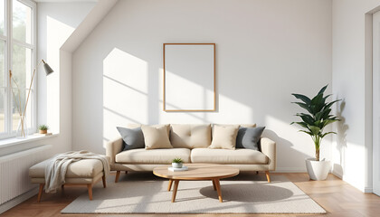 wide view of modern scandinavian living room with empty wall frame, soft sofa and monstera plant in natural daylight