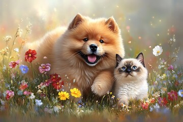 Obraz premium Playful pets enjoying a colorful flower field nature scene vibrant environment animal companionship