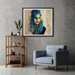 Modern Living Room Interior with Armchair, Wooden Shelf, and Colorful Portrait Art on Concrete Wall