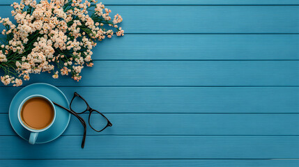 A blue wooden table with a cup of coffee and a pair of glasses on it