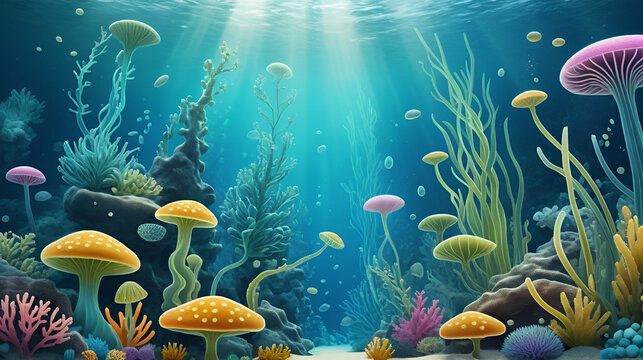 Beneficial strains of eukaryotes promoting growth close up, biology, whimsical, blend mode, underwater scene. Archaea. Illustration