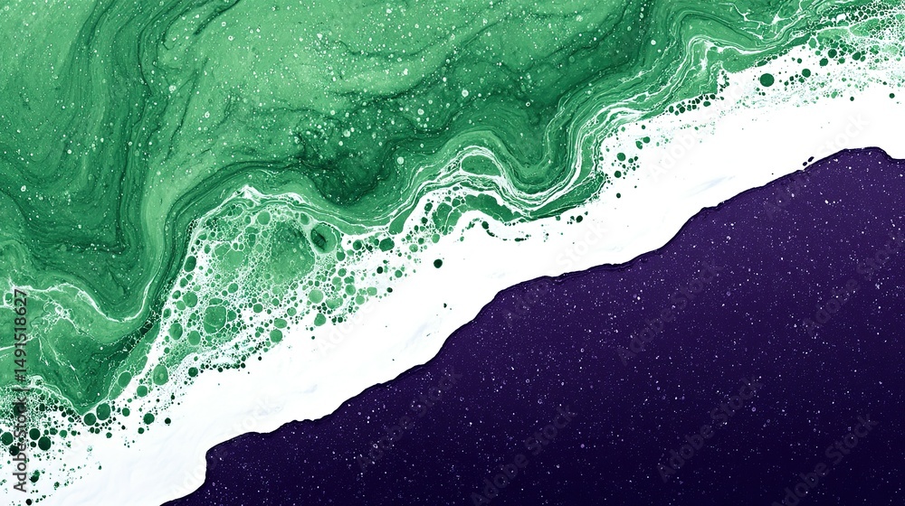 Poster abstract design with flowing green and white patterns on a purple backdrop.