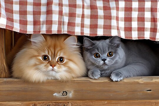 Cuddly cats relaxing under checkered cloth in cozy home environment indoor whimsical cat imagery