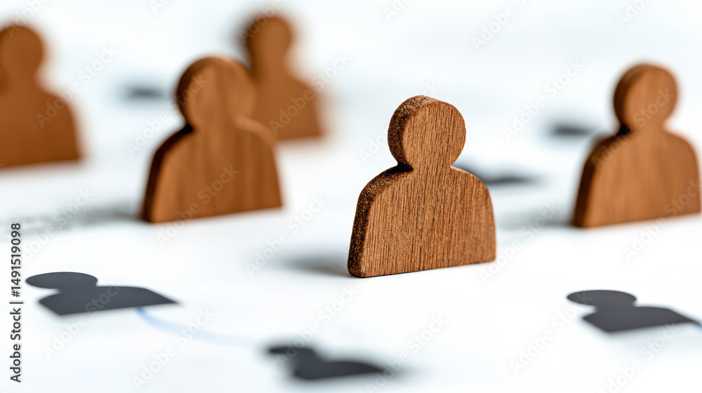 Poster wooden human figures represent networking and connection, with icons and lines suggesting relationsh