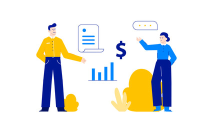 Man and woman discuss financial growth. Suitable for business presentations, finance articles, investment blogs, and entrepreneurship concepts in design.